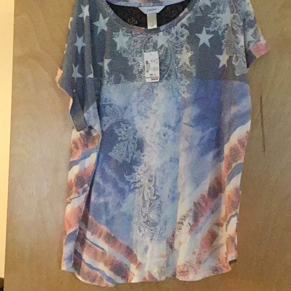 Brand New CJ Banks Red/White/Blue Cuffed Short Sleeve Top, Size X